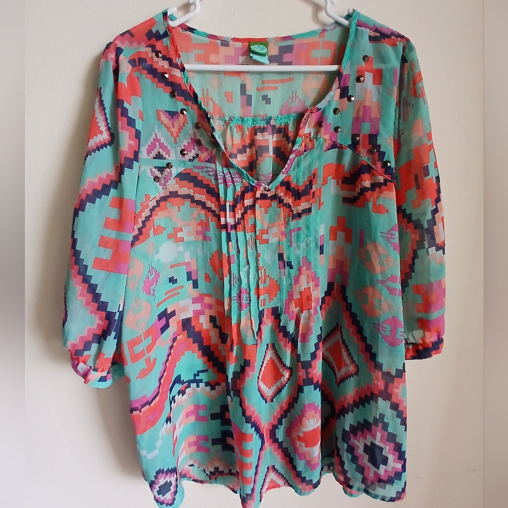 Vintage Pssst Boho Teal Blouse Size 1X Pleated Sheer